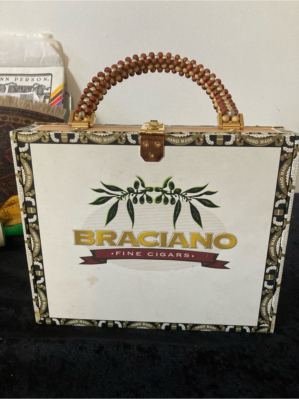 Braciano Cigar Box Purse Hand-Beaded Tropical Beach Palm Tree Top-Handle - Picture 3 of 11